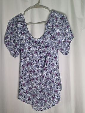Le Lis White Floral Scoop Neck Top with Blue & Pink Motifs
